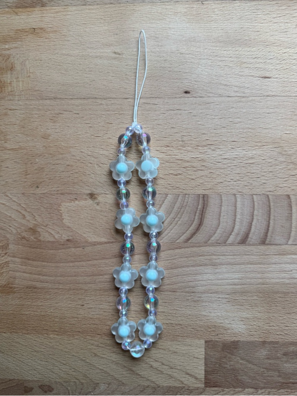 New Ice Blue Flower Beaded Phone Charm Bracelet 6" long w 2.5" string attachment